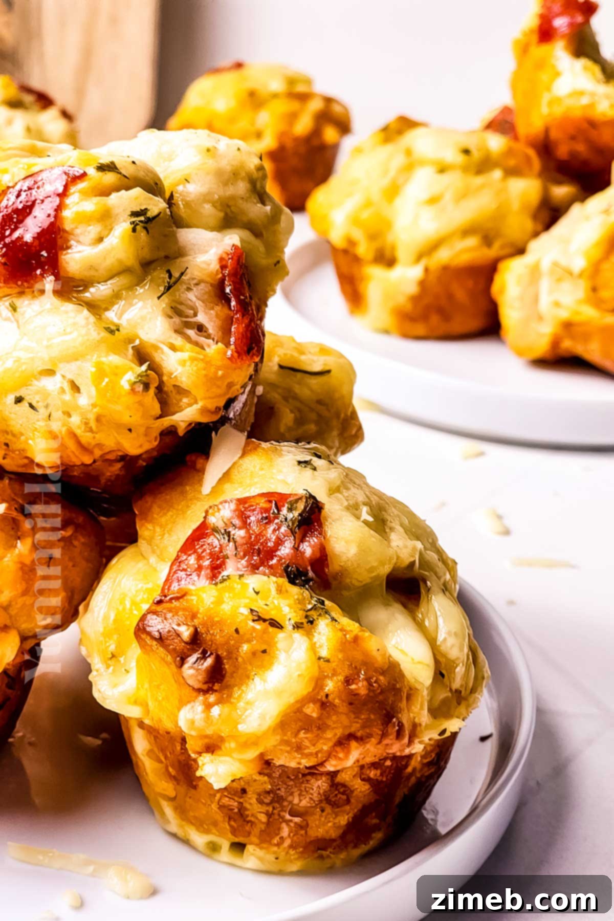 Several pepperoni cheese muffins arranged on a serving plate, highlighting their appealing snack size.