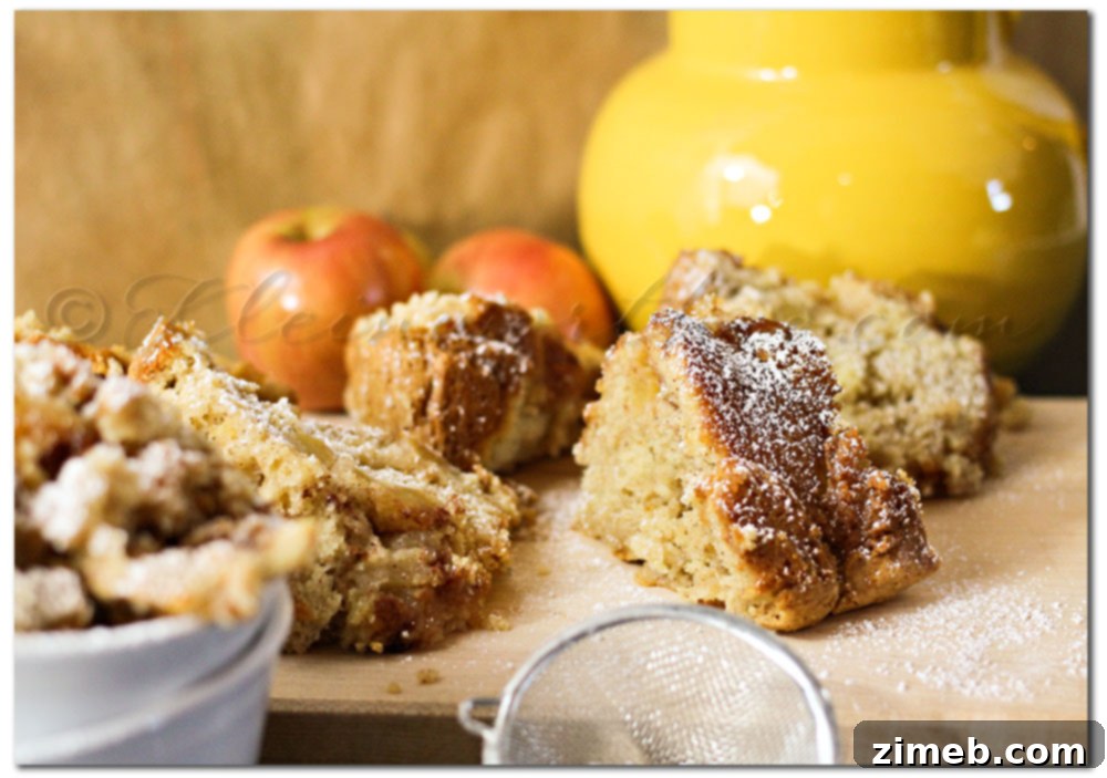 Close-up of Apple Cake Crumble with a few intact slices
