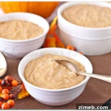 Decadent Salted Caramel Pumpkin Spice Pudding 4 A small bowl of homemade Salted Caramel Pumpkin Spice Pudding garnished with a fresh sprig, ready for a taste.