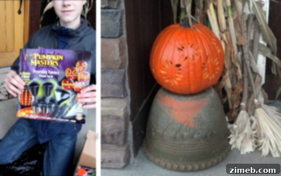 Close-up of a carved pumpkin design using Pumpkin Masters