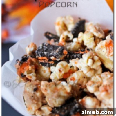 Finished Halloween Oreo Cookie Butter Popcorn in a bowl