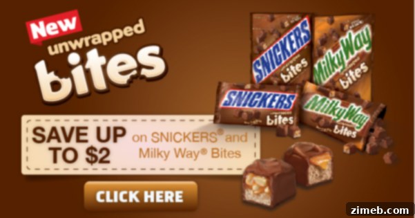 MARS Snickers & Milky Way Bites coupon image for savings on candy bar ingredients.