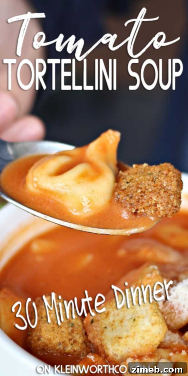 Velvety Tomato Tortellini Soup 2 Creamy Tomato Tortellini Soup is a quick and easy dinner recipe that is a family favorite loaded with your choice of tortellini and topped with croutons.