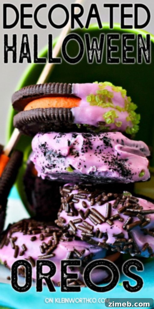 Monster Oreo Pops 2 Decorated Halloween Oreos on sticks with purple and green sprinkles