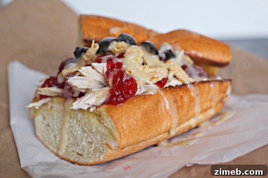 Close-up of a Pilgrim Butty sandwich on grilled French loaf
