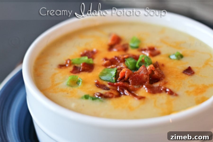 A family-sized pot of Idaho Potato Soup, ready to be served.
