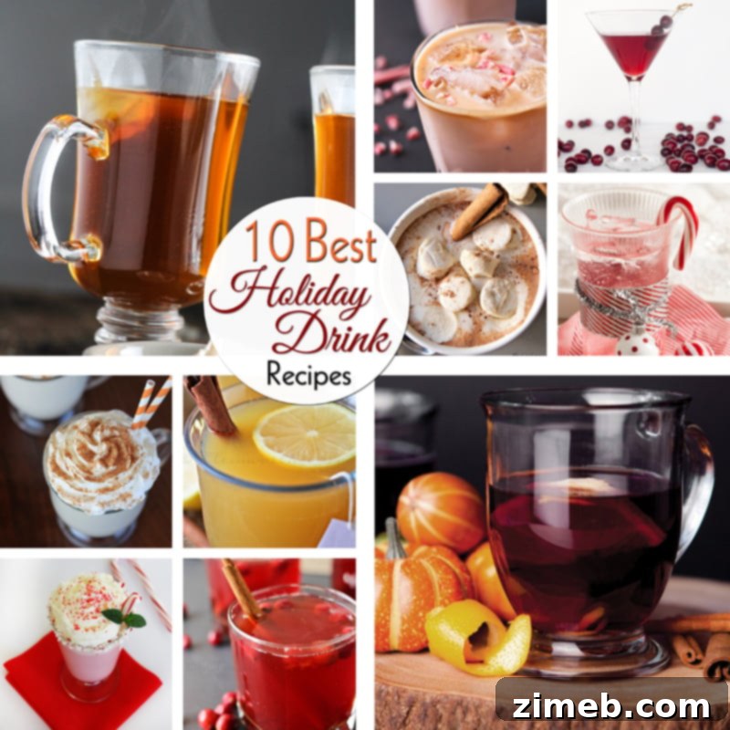 Festive Sips: Top 10 Holiday Beverages 2 A vibrant display of assorted holiday beverages on a rustic wooden table, featuring cozy mugs, elegant glasses, and festive garnishes like cranberries, cinnamon sticks, and citrus slices, setting the scene for a joyful celebration.