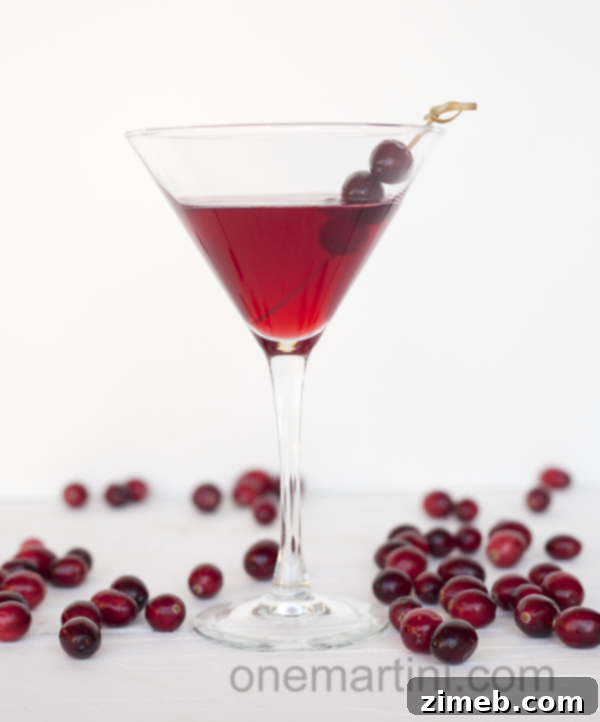 An elegant Cranberry Orange Martini in a chilled martini glass, garnished with a twist of orange peel and fresh cranberries, epitomizing holiday sophistication.