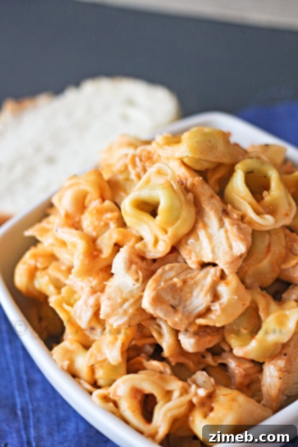 Creamy Vodka Chicken Tortellini 2 A visually stunning bowl of creamy Chicken Vodka Tortellini, garnished with fresh herbs, perfect for a cozy family meal.