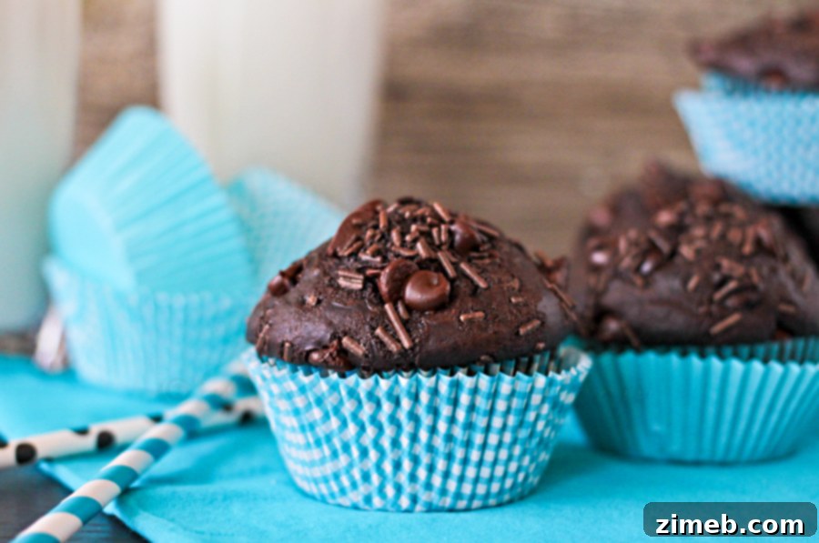 Ultimate Chocolate Muffins 4 Close-up of baked Chocolate Overload Muffins with chocolate chips and jimmies.