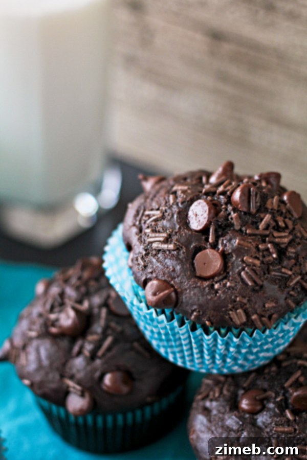 Ultimate Chocolate Muffins 6 Chocolate Overload Muffins served with coffee.