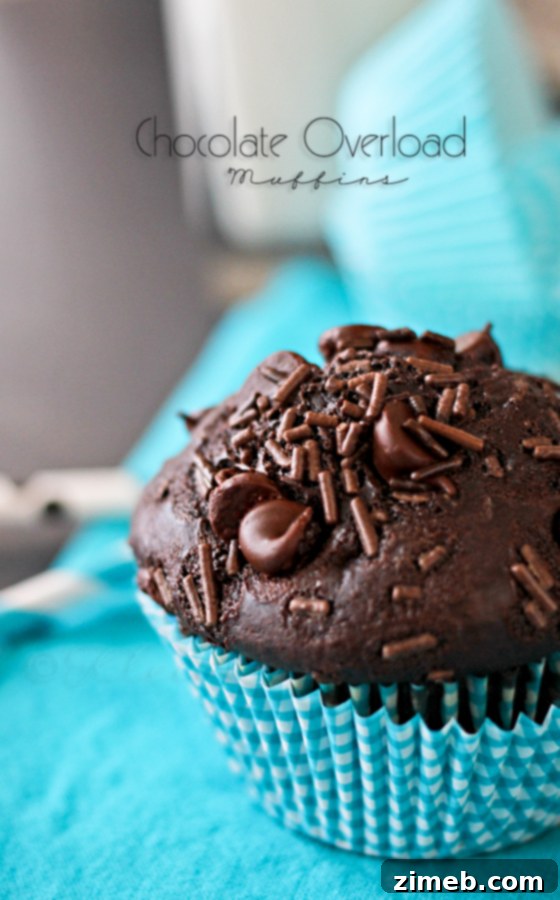 Ultimate Chocolate Muffins 7 Chocolate Overload Muffins stacked on a plate.