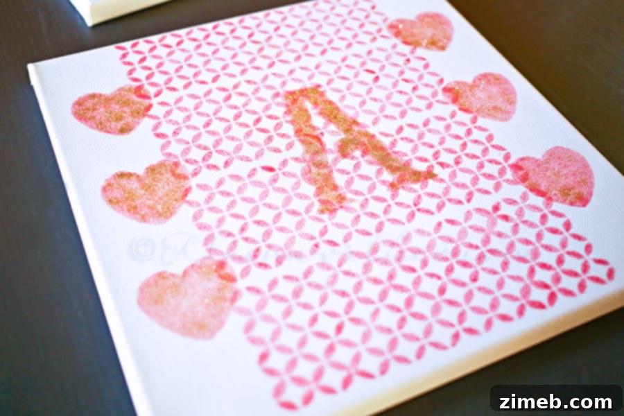 Stenciled Canvas Art for Girls' Rooms 2 Stenciled Canvas Wall Art ~ Girl's Room - DIY decor featuring Mod Podge stencils and glitter