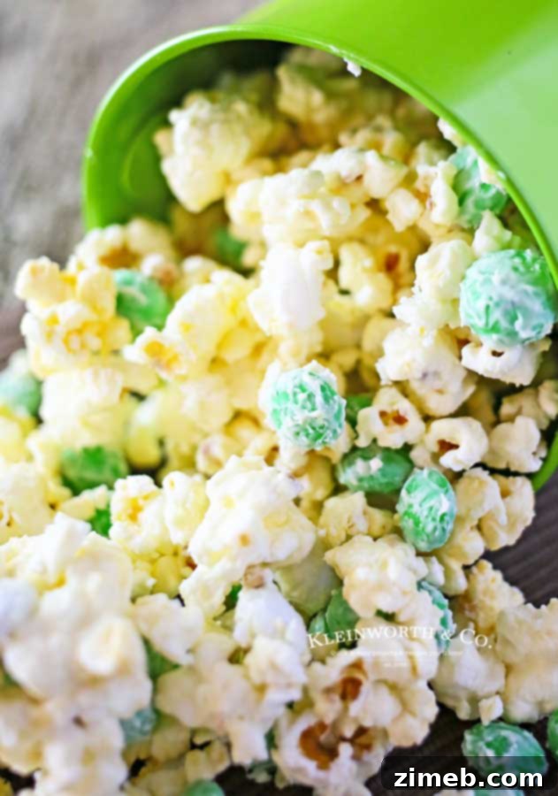 Delicious mint white chocolate popcorn for St. Patrick's Day