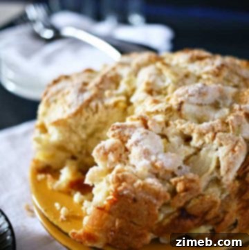 A close-up of a slice of Irish apple cake, lightly dusted with powdered sugar, showing the cake's dense crumb and chunks of apple, served on a plate.