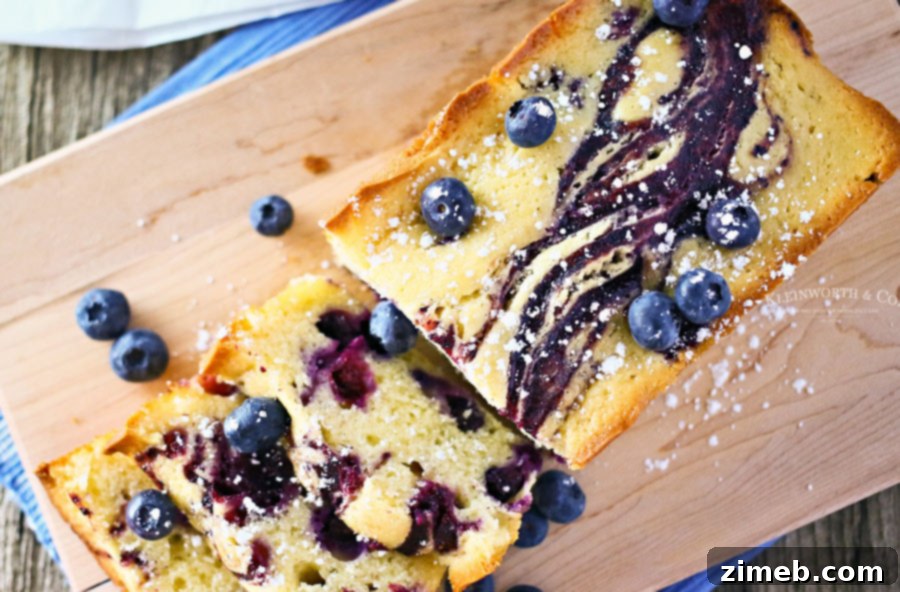 Luscious Blueberry Swirl Pound Cake 5 A slice of perfect blueberry pound cake with a tender crumb.