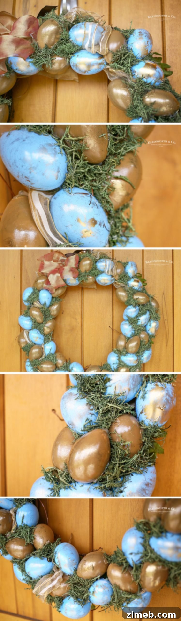 Elegant Blue and Gold Easter Wreath 18 Detailed step-by-step image showcasing how to make a Blue & Gold Easter Wreath with painted faux eggs and moss.