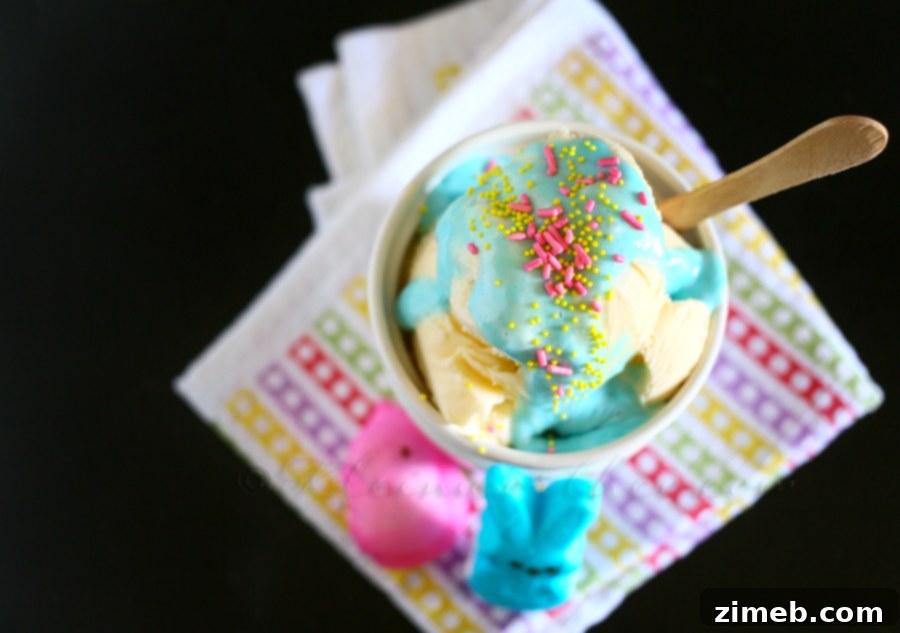 Homemade Peep Ice Cream Syrup drizzled over vanilla ice cream