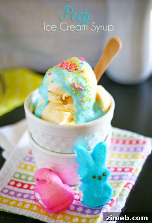 Peep Ice Cream Syrup in a small white pitcher, ready to be served