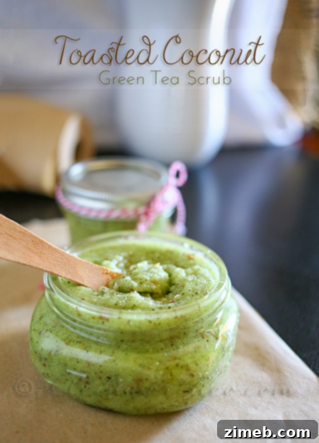 Toasted Coconut Green Tea Scrub in a glass jar, ready for use