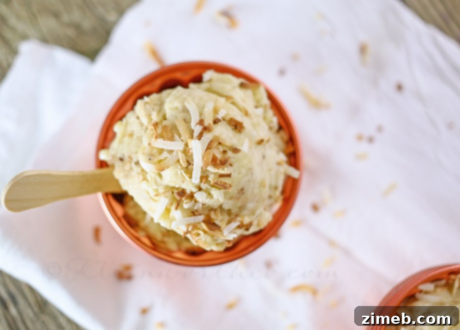 Golden Coconut Banana Bliss 2 Delicious Toasted Coconut Banana Ice Cream in a bowl, topped with extra toasted coconut.