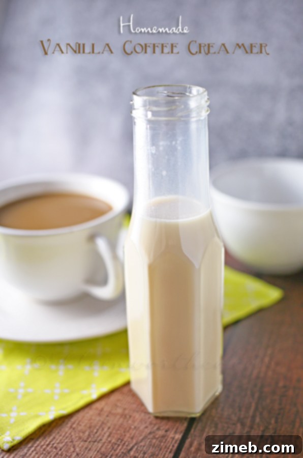Homemade Vanilla Coffee Creamer stored in convenient sauce bottles for easy pouring.