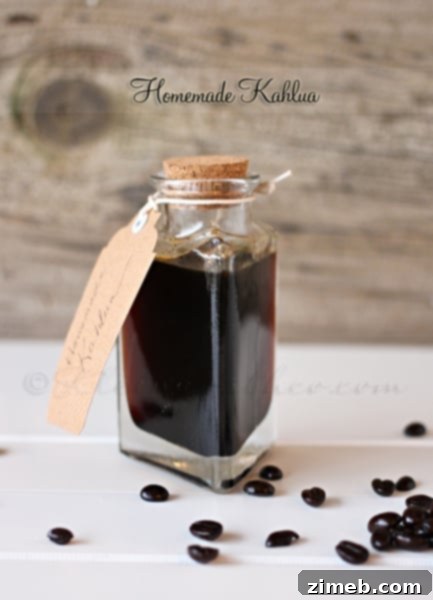 Homemade Kahlua in a decorative bottle, ready for cocktails or coffee.