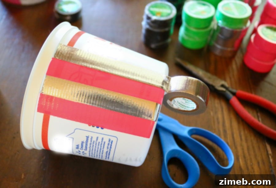 DIY Easter Bucket supplies including Duck Tape and whip cream buckets