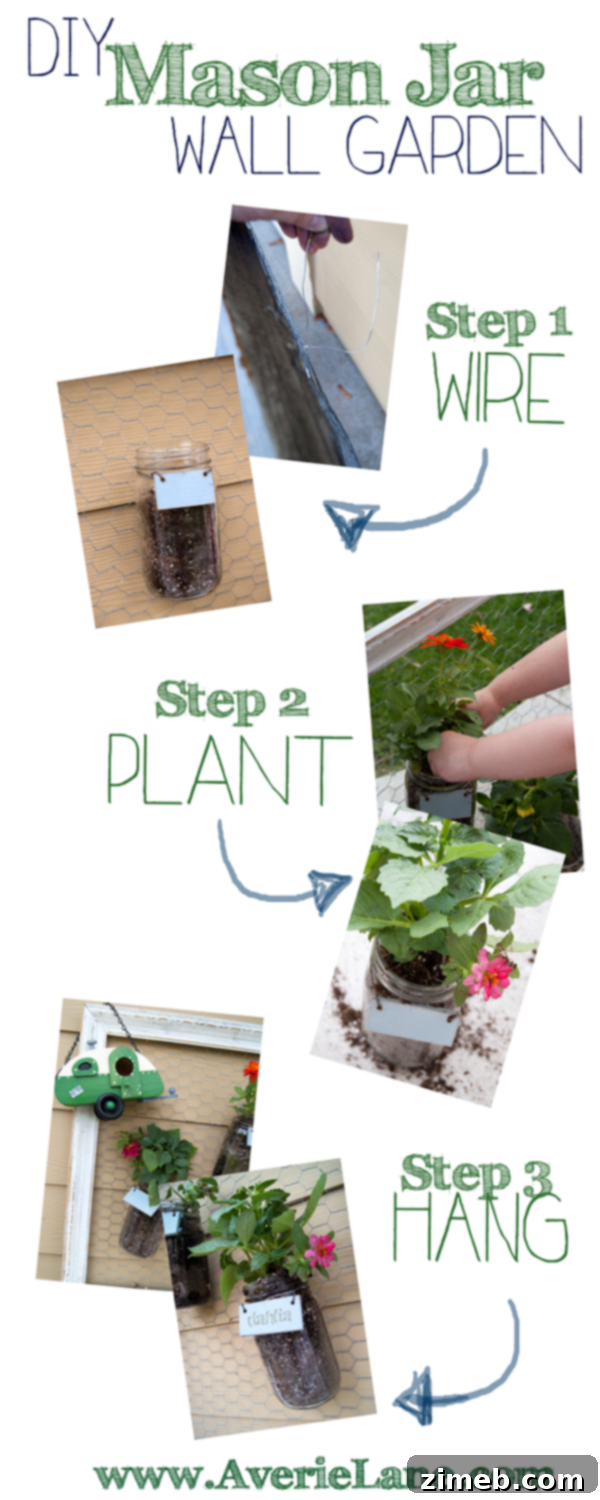 Process of preparing the Mason Jar Wall Garden, showing wire being attached to jars