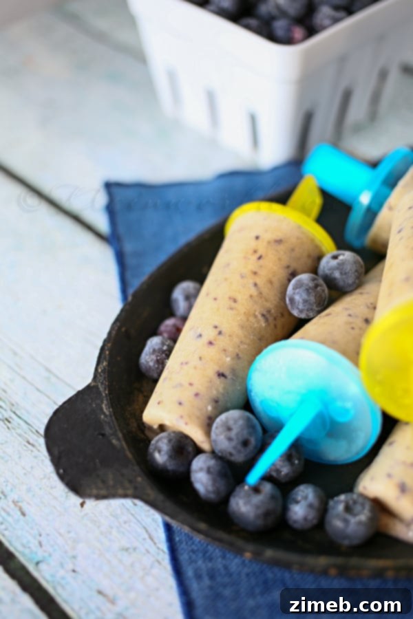 Kid-friendly Banana Blueberry Smoothie Pops served with fresh fruit for a healthy summer breakfast.