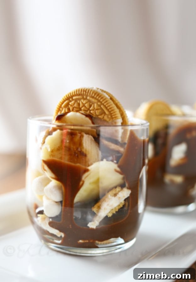 Golden Banana Cloud Fudge Parfait 3 Close-up of Banana Marshmallow Fudge Parfait layers: Oreos, fudge, bananas, marshmallows