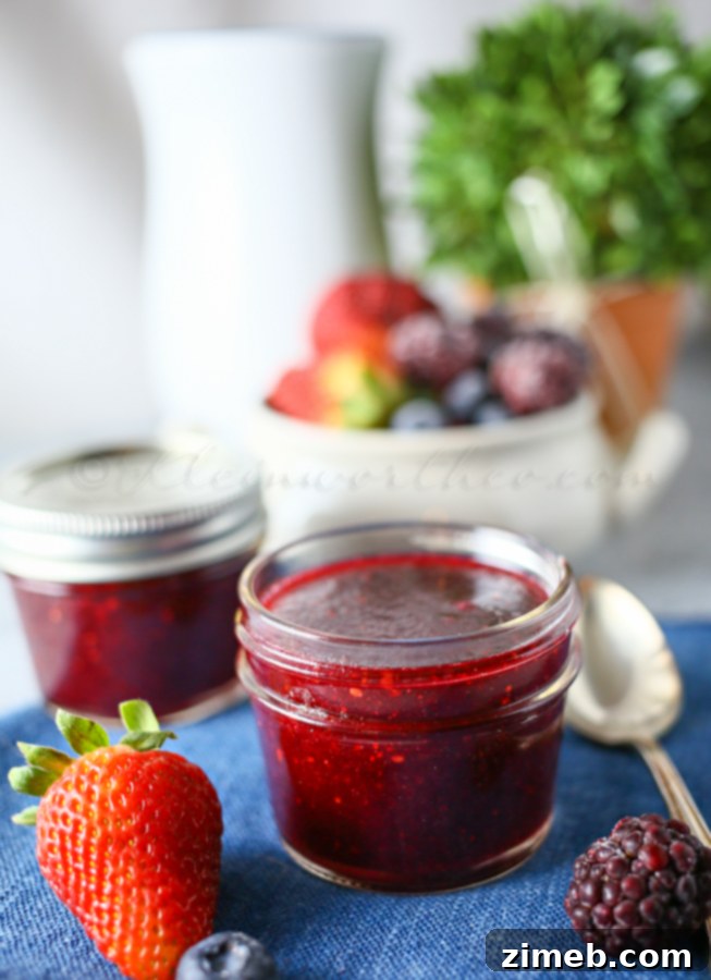 Another view of the delicious Triple Berry Sauce, emphasizing its smooth, glossy finish.