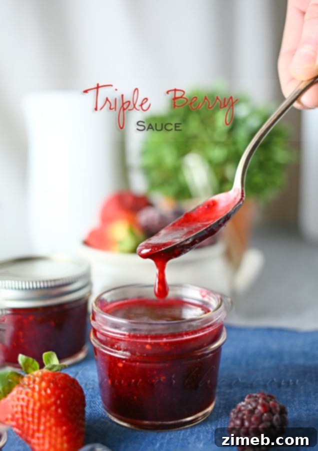 A bowl of Triple Berry Sauce, ready to be enjoyed as a versatile topping or dip.
