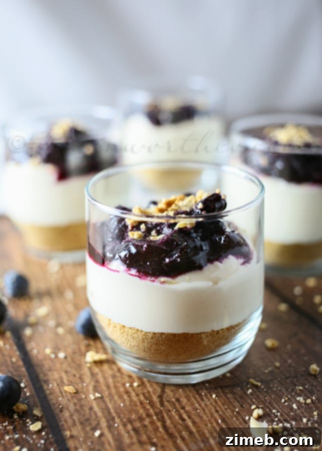 Individual No-Bake Blueberry Cheesecakes in clear cups, ready to serve