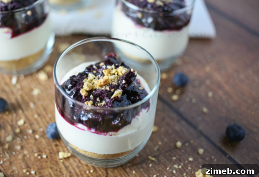 Close-up of a No-Bake Blueberry Cheesecake with graham cracker crust and creamy topping