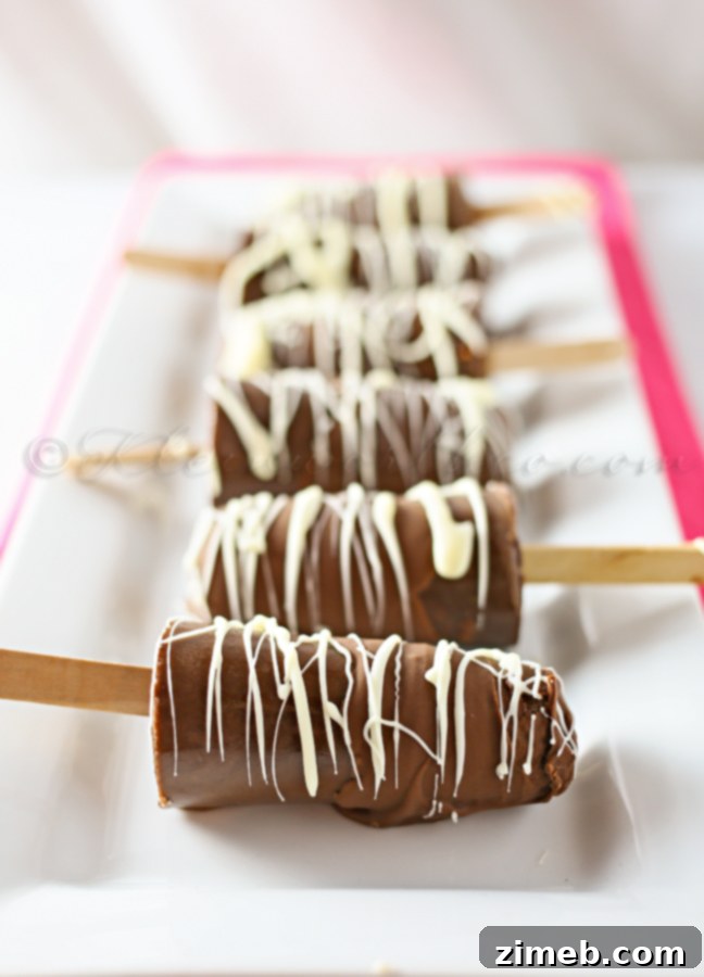 Classic Black and White Fudge Pops 3 Close-up of a Black & White Fudge Pop, showing the two-tone chocolate