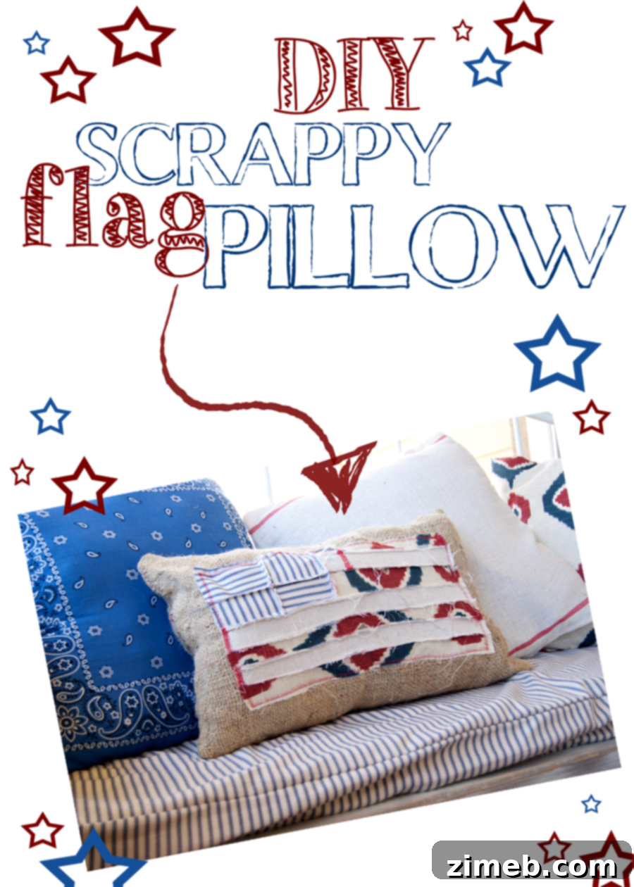 Cozy Patchwork Flag Pillow 2 Finished DIY Scrappy Flag Pillow displaying patriotic colors
