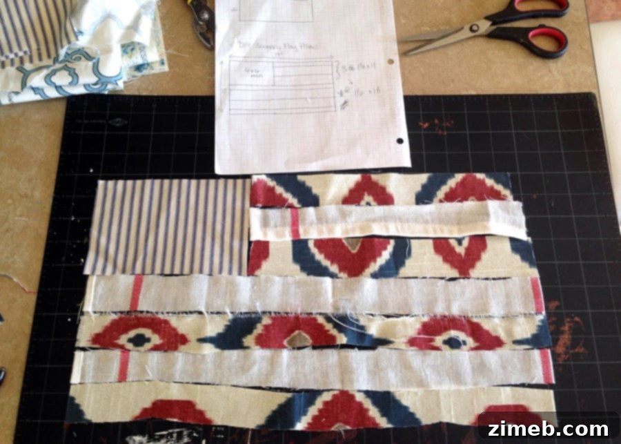 Cozy Patchwork Flag Pillow 3 Fabric strips cut and laid out for the DIY Scrappy Flag Pillow