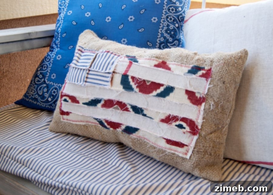 Cozy Patchwork Flag Pillow 9 Close-up of the Scrappy Flag Pillow showing fabric textures