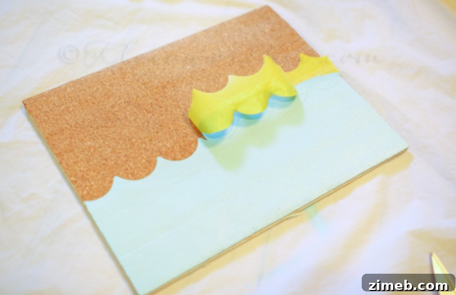 Coastal Chic Pinboard 7 Beachy Painted Corkboard - Removing Shape Tape