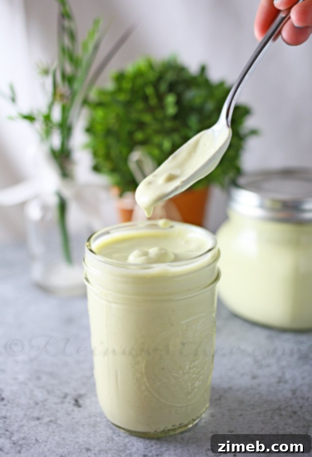 Creamy Avocado Goat Cheese Dressing 3 Close-up of Avocado Goat Cheese Dressing in a small bowl, ready to be served.