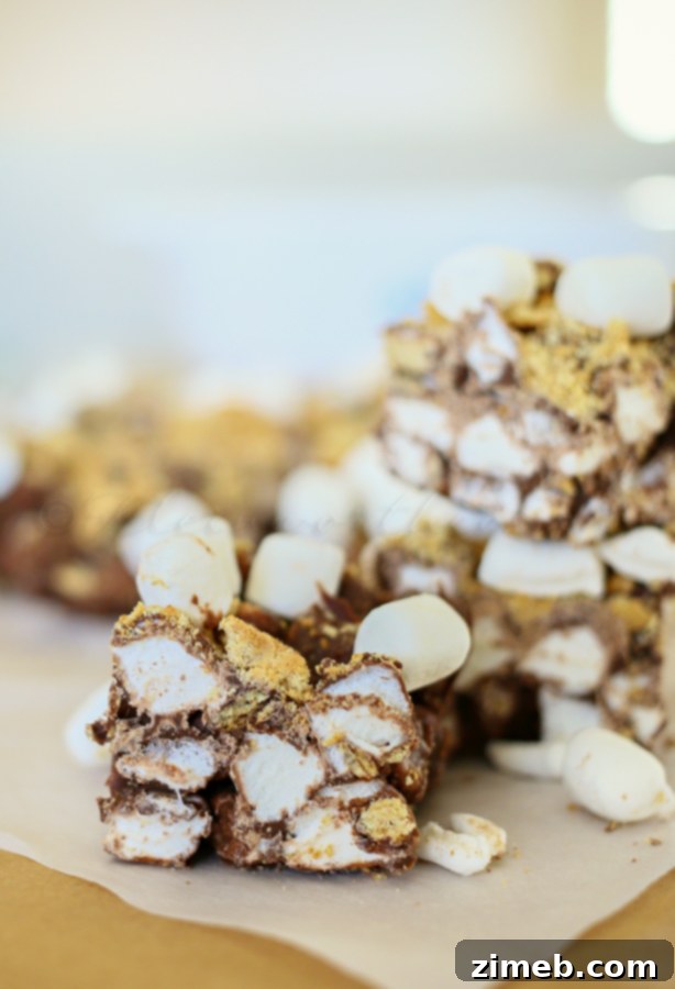 Close-up shot of no-bake s'mores bars showing layers of melted chocolate, gooey marshmallows, and crushed graham crackers
