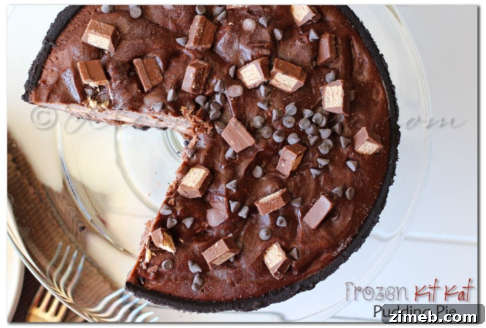 Frozen Kit Kat Pudding Pie - a creamy chocolate pie with crunchy Kit Kat bars