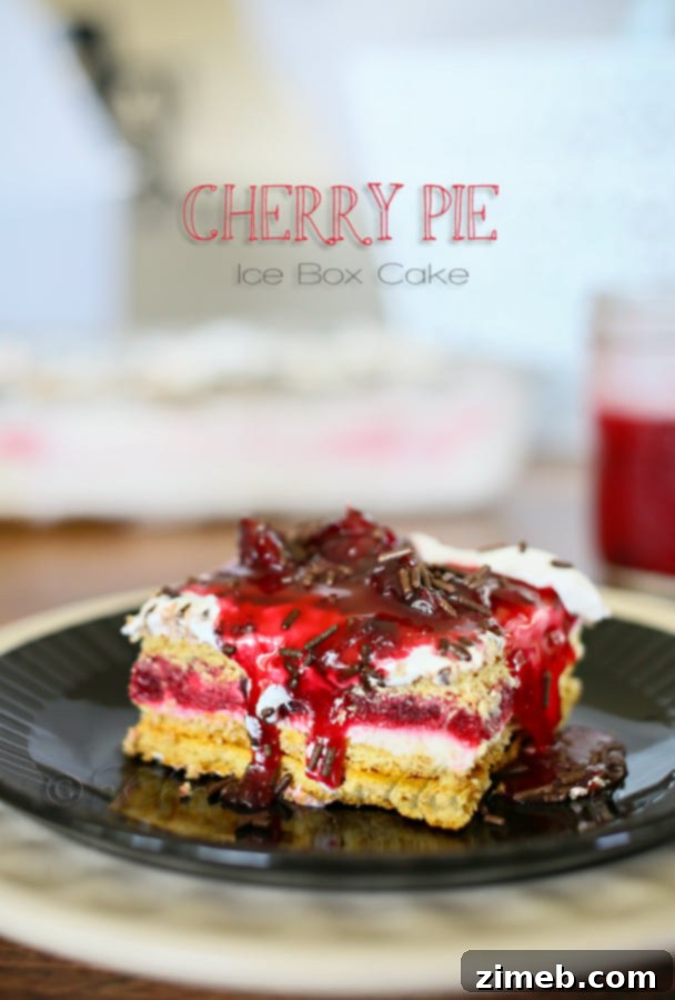 Cherry Pie Ice Box Cake sliced and ready to serve, highlighting its layers.