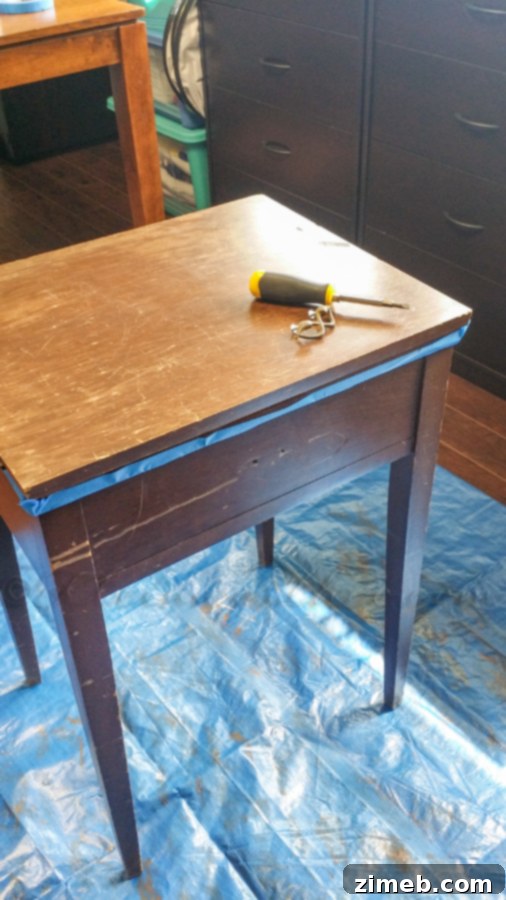 Antique Sewing Table Makeover - Taping Off Sections