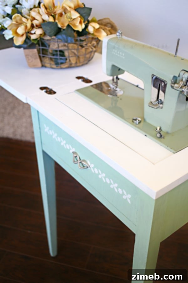 Antique Sewing Table Makeover - Completed Look with Machine