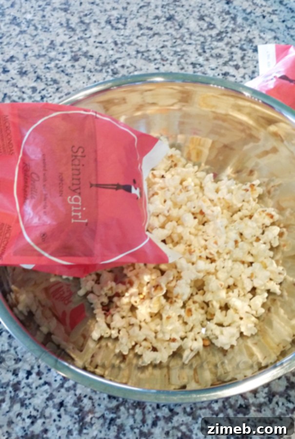 Guilt-Free Caramel Popcorn 5 Popping popcorn and preparing mix-ins for skinny caramel popcorn