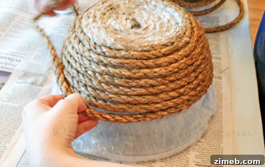 Make Your Own Sisal Basket 3 Applying Mod Podge to Sisal Rope