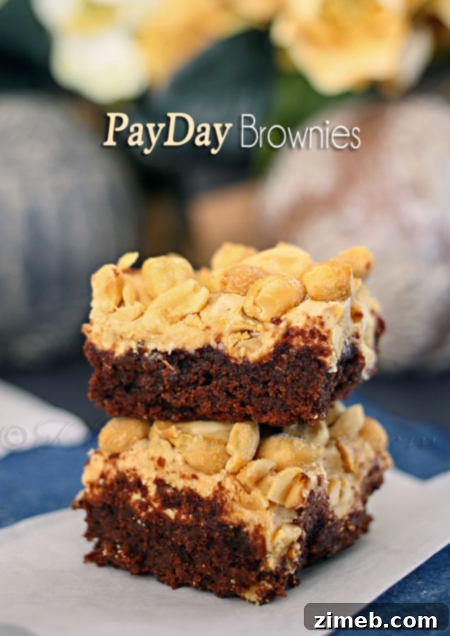 Delicious PayDay Brownies with a rich peanut butter topping.
