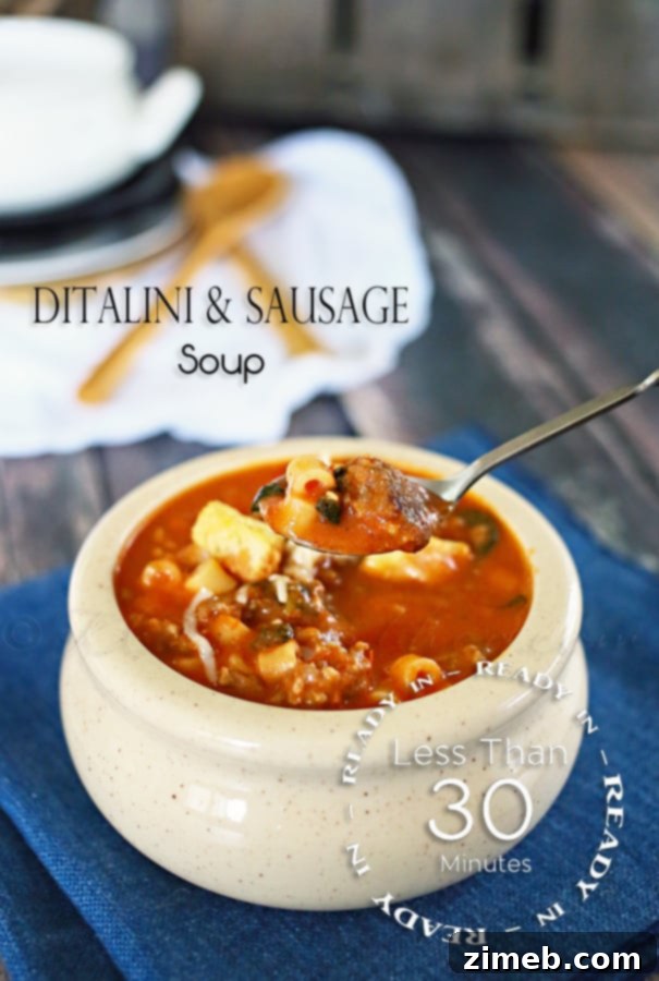 Hearty Italian Sausage and Ditalini Soup 5 A bowl of Ditalini & Sausage Soup, ready to serve